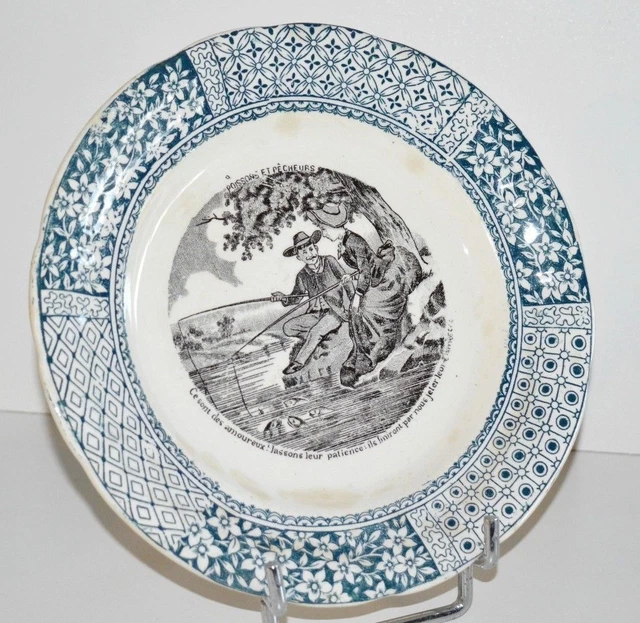 N° 128 ASSIETTE CERAMIQUE LONGWY POISSONS et PECHEURS déco collection vitrine
