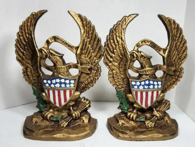 Hubley Cast Iron 665 Bookends E PLURIBUS UNUM American Eagle USA Star Flag 1900s