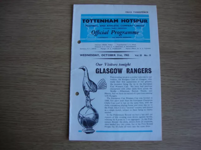 1962/3 Tottenham Hotspur Spurs v Glasgow Rangers - Euro Cup Winners Cup 1st Rnd