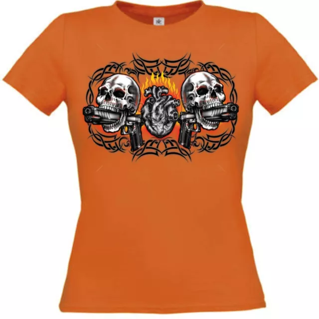 T-Shirt Arancione Gotico Biker - Tattoomotiv Modello Guns Teschi Fiammeggiante