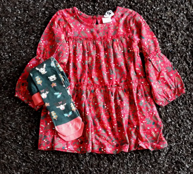 Next Baby Girls Red Christmas Dress & Green Christmas Tights Age 18-24 Mths BNWT