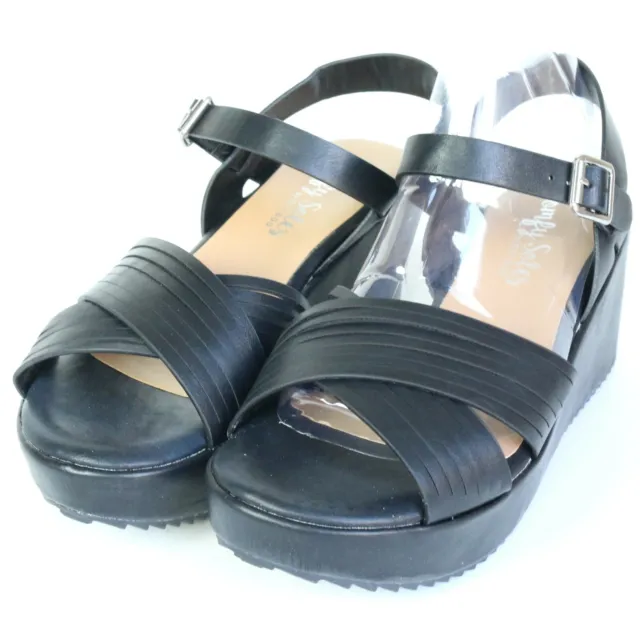 NWT Comfy Soles by Bamboo Womens Size 7.5 Black Strappy Wedge Platform Sandals