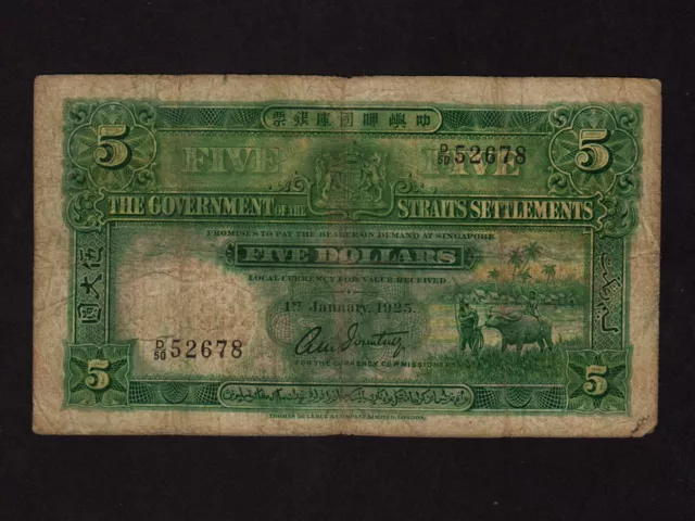 Straits Settlements:P-10a, 5 Dollars, 1925 * Farmer & Buffalo * F-VF * Straits Settlements:P-10a, 5 Dollars, 1925 * Farmer & Buffalo * F-VF *
