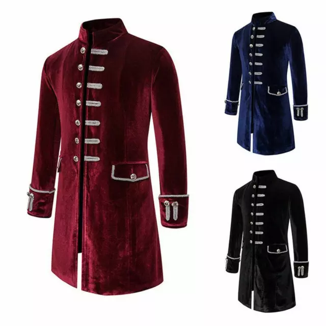 Mens Velvet Military Drummer Tailcoat Suit Jacket Gothic Tuxedo Frock Coat