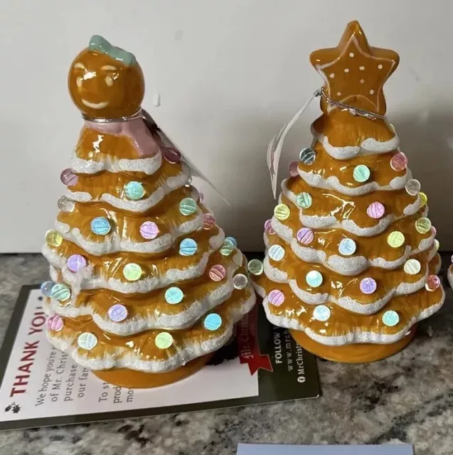 2 MR. CHRISTMAS Lighted Ceramic TREES Pastel GINGERBREAD 6-1/4 Star Girl Bow 2