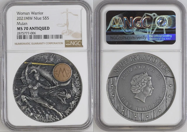 NGC MS70 Ancient China Woman Warrior 2oz Antique Silver Coin MULAN Niue OGP&COA