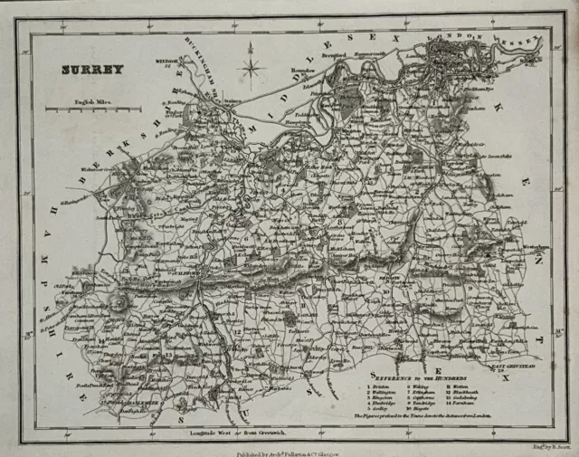 1835 Surrey Original Antique Map By Archibald Fullarton