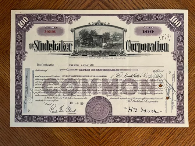 Studebaker Corp. Automobile Stock Certificate 1954 Blacksmith Shop 100 shares