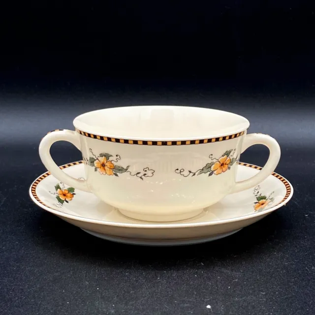 Old Ivory Syracuse China Chiquita Cream Soup Cup & Saucer Checker Yellow Flowers