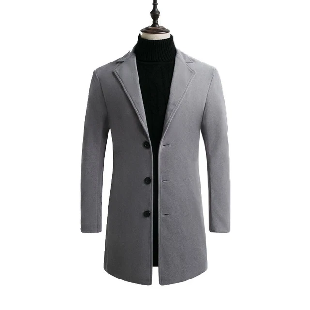 Men Single Breasted Long Jacket Trench Coat Winter Wool Overcoat Warm Outwear
