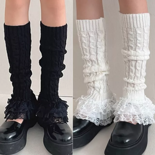1 Pair Girl Knit Lace Patchwork Leg Warmer Layered Stocking Long Sock Lolita