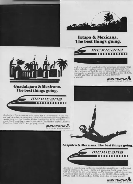 Mexicana Airlines 1979 3 Ad's Guadalajara-Ixtapa-Acapulco Best Thing Going