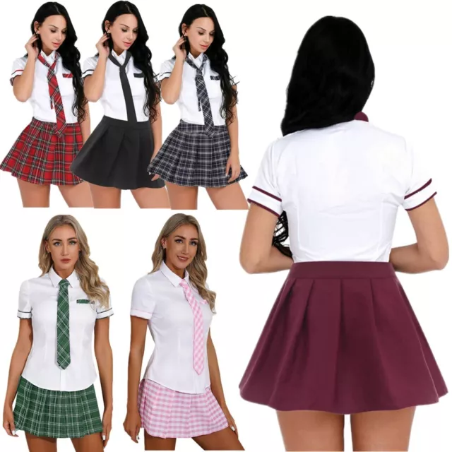 Sexy Women School Girl Uniform Top Outfit Plaid Skirt Role Play Naughty Costumes 2