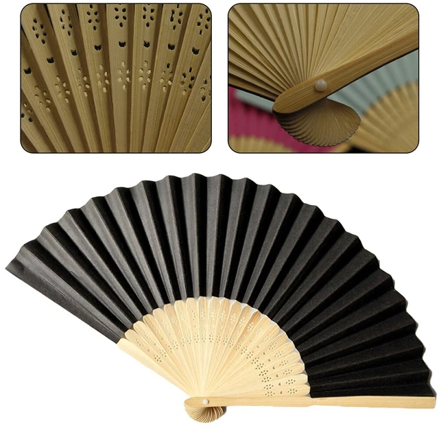 Exquisito ventilador de mano plegable papel bambú negro para boda y P