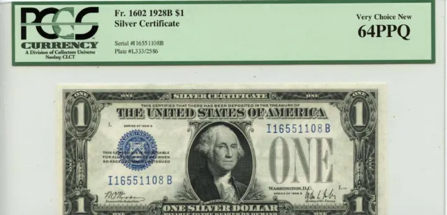 1928B $1 Silver Certificate Blue Seal FR#1602 PCGS CH 64 PPQ