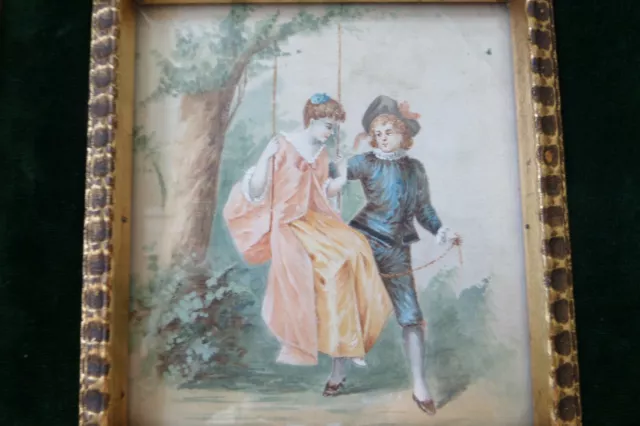 Tableau Ancien Peinture Sur Soie Cadre Dorure A La Feuille 2