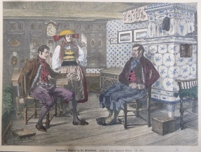 kolorierter Holzstich - Vierländer Bauern in der Prunkstube ( Tracht Hamburg Ber