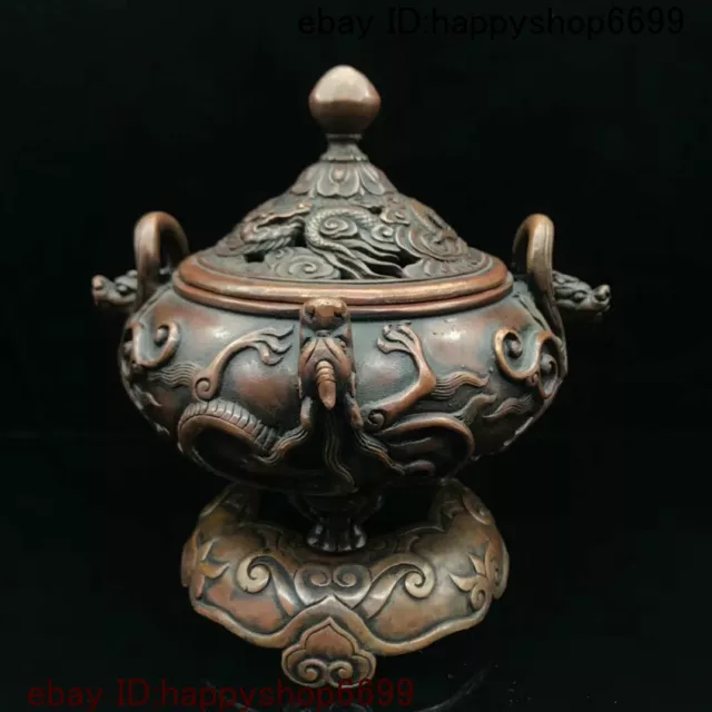 Old China folk Bronze Dragon Beast Head Incense Burner Censer Incensory Thurible