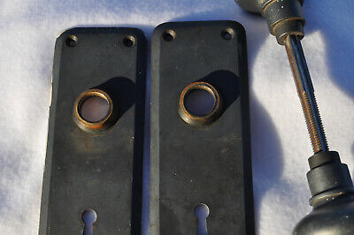 Set- 2 Antique Black Finished Heavy Steel Backplates + Door Knobs+ Spindle-1900s
