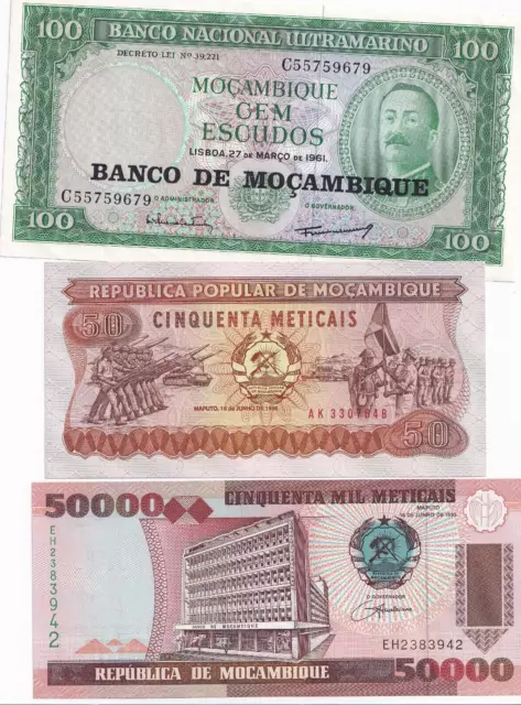 Trois billets du Mozambique neufs (UNC)