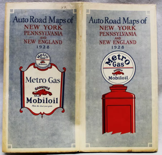 Mobiloil Oil Metro Gas Highway Road Map Of New York Pa & New England 1928