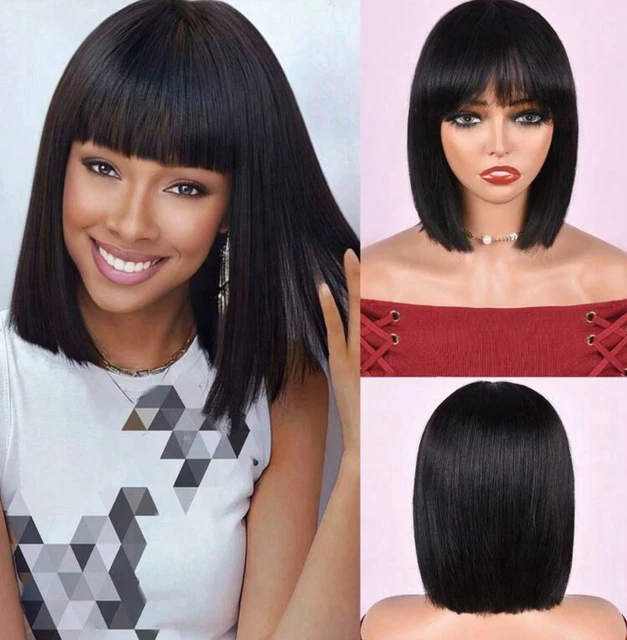 Perruque Femme Cheveux Humains - Coupe Carré Noir, 25 Cm, Lisse, Avec Cadeau