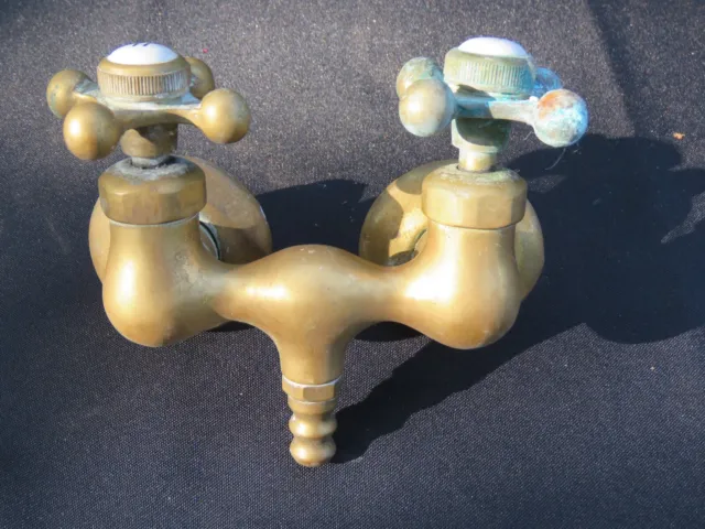 Salvage Antique Brass Mixing Valve Faucet Porcelain Handles Claw Foot Tub