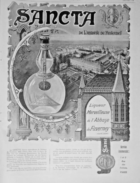 Publicité De Presse 1920 Sancta Liqueur Merveilleuse De L'abbaye De Faverney.