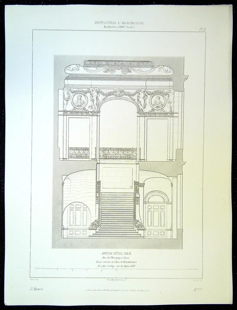 Ancienne Gravure d'Architecture Ancien Hôtel Salé escalier coupe