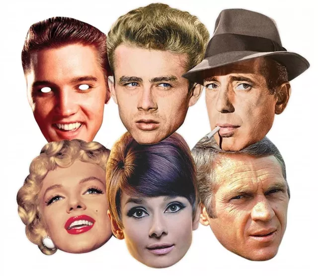 Hollywood Fiesta Máscaras Paquete De 6 Hepburn Mcqueen Bogart Monroe Dean Elvis