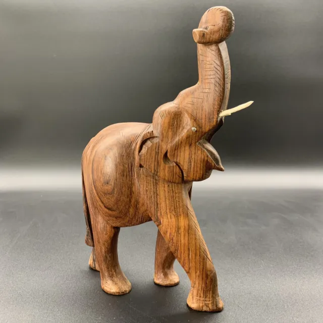 Vintage Wood Elephant Sculpture Hand Carved Figurine Trunk Up Made in India