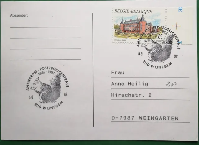 Belgien Postkarte 1992 Wijnegem SSt mit Eichhörnchen