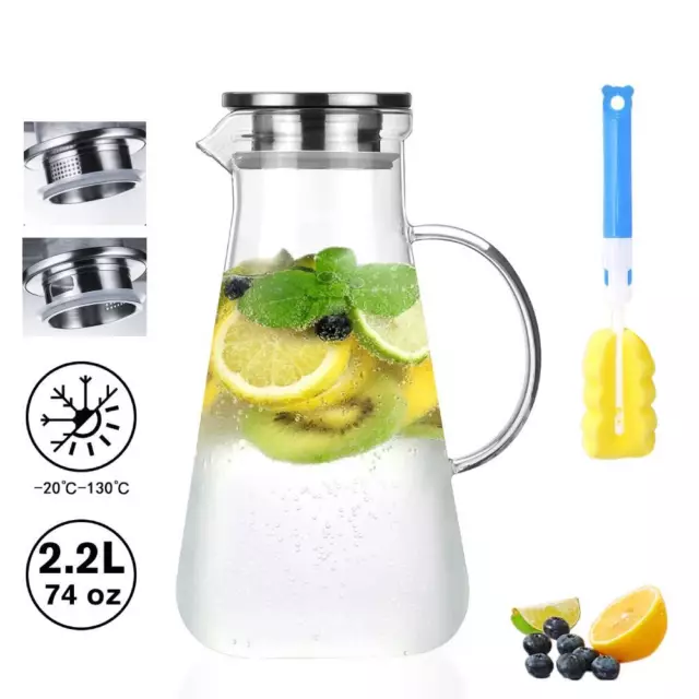 2.2L Glaskaraffe Karaffe Deckel mit Filter Saft Wasser Krug Kanne Edelstahl