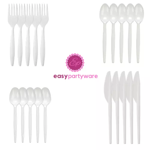 White Plastic Cutlery Spoons Forks Knives 100 Pack Disposable Cutlery Reusable