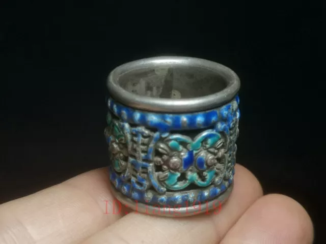 old Collection China Handmade Pure Silver Thumb Ring Bake Cloisonne Bat Flowers