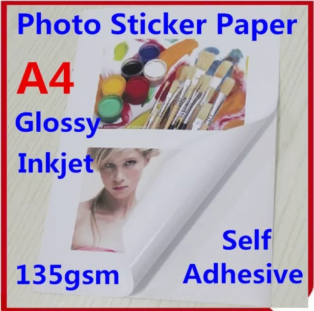 100X A4 135GSM Glossy Photo Paper Sticker Self Adhesive Inkjet Print Sheet Offic