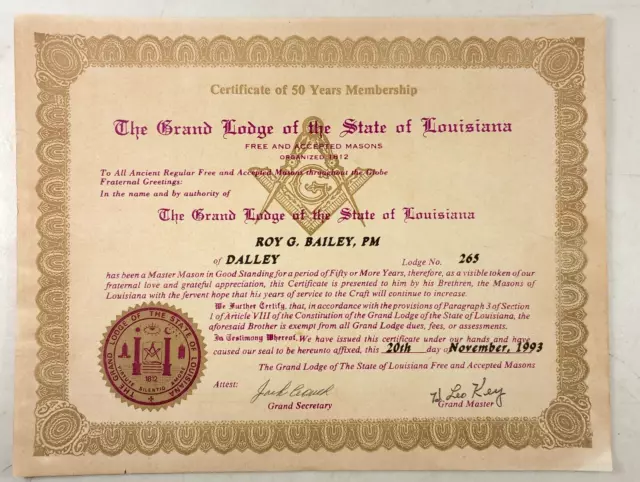 Masonic Grand Lodge Louisiana Certificate of 50 Years Membership 1993