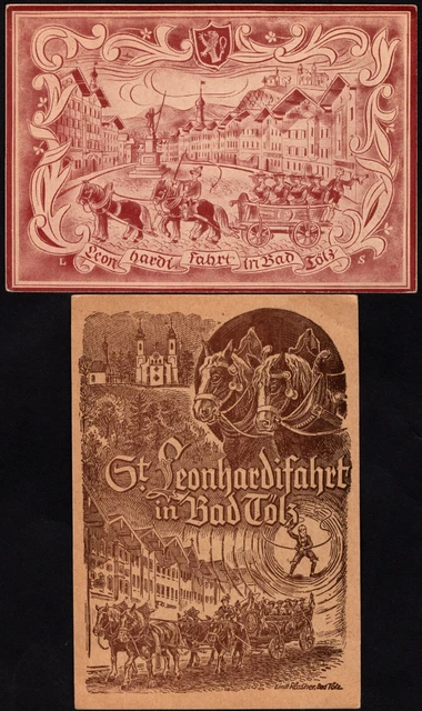 1946, 9.11., 2 Anlass-AK, Leonhardi-Fahrt in Bad Tölz, je mit EF und SSt.