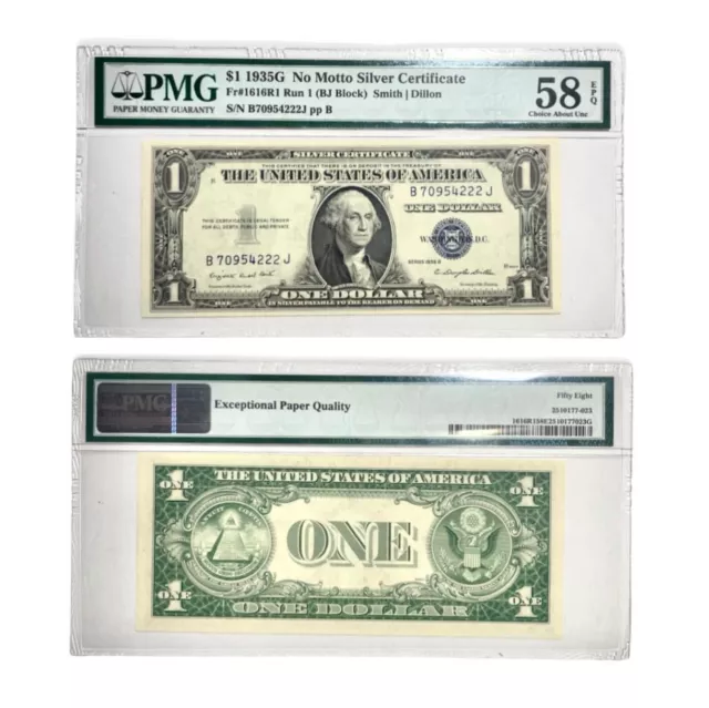 1935-G $1 Silver Certificate Blue Seal Fr. 1616R1 Run 1(BJ Block) PMG 58