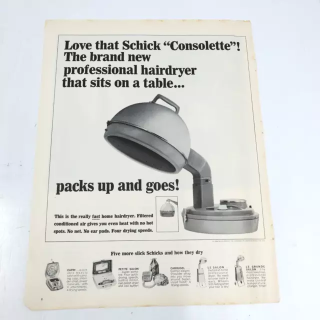 1964 Schick Consolette Hair Dryer Cadillac Tilt Steering Wheel Advert 10.5x13.5