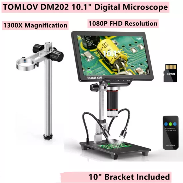 TOMLOV 10.1In 16MP Coin Microscope 1300X Digital Microscope For Soldering 32GB 2