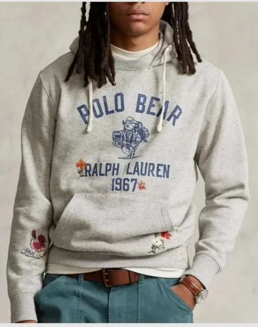 NWT Polo Ralph Lauren Gray Polo Bear All Over Graphic Fleece Pullover Hoodie