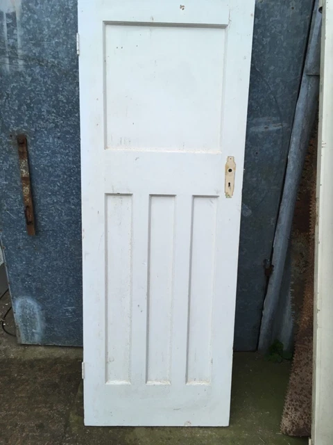 27 3/4”x75 3/8” 1930s Painted Pitch Pine Four Panel 1over3 Narrow Internal Door