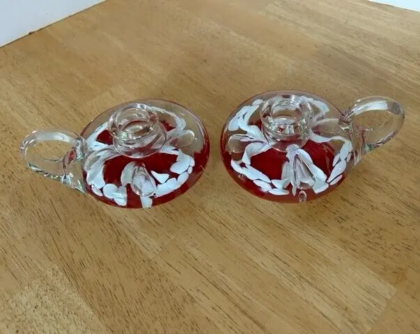 Vintage Hand-Blown Art Glass Red & White Candlestick Holders Pair