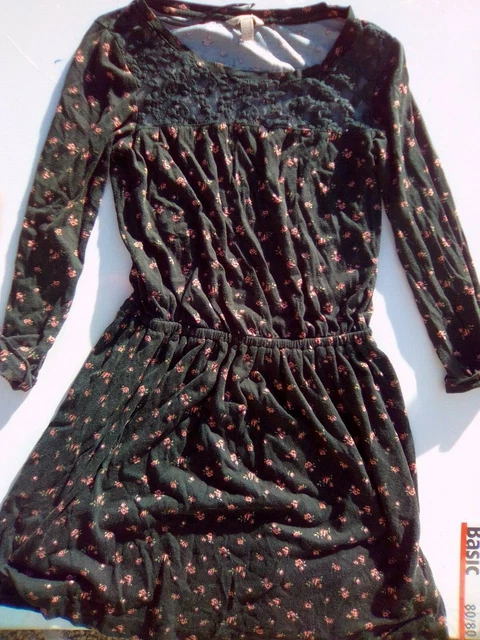 Robe Springfield Noir Dentelle Et Coton - Taille S - Longueur Genou, Manches Longues - Occasion TB état