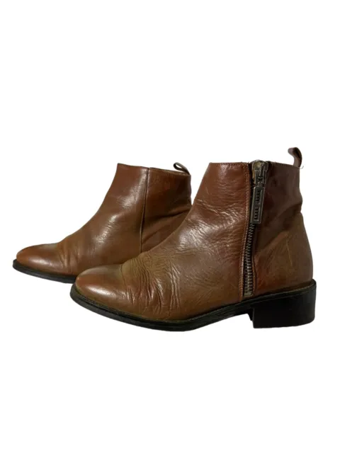 Womens Zara Basic Uk 6 Eu 39 Brown Leather Zip Up Block Heel Chunky Ankle Boots