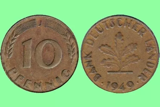 1949-J BRD Zehn (10) Pfennig Münze der Bank Deutscher Länder, 3 Stück