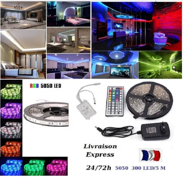 Kit 1, 2, 5,10,15m Bande Ruban LED Strip Flexible RGB 5050 SMD livraison express