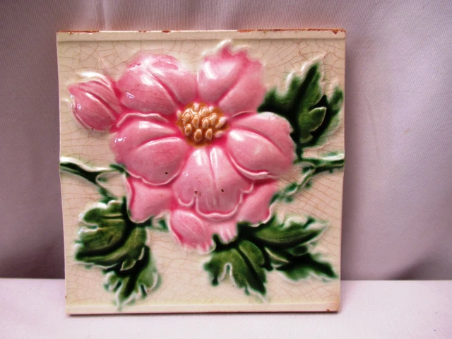 Antique Art Nouveau Majolica Tile 19Th Embossed Rose Flower Design Pink Colo"513