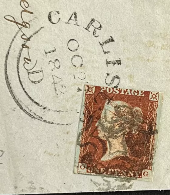 GB QV 1841 1d Red SG8. FU on Part Cover with rare Carlisle town dated Cancel